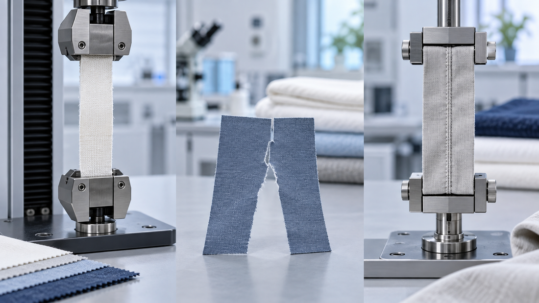 Textile laboratory samples illustrating tensile, tear and sewn seam testing for bedding fabrics