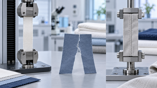 Textile laboratory samples illustrating tensile, tear and sewn seam testing for bedding fabrics