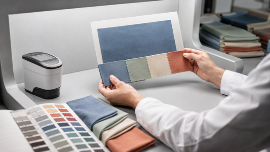 Textile technician comparing fabric lab dips during B2B color approval