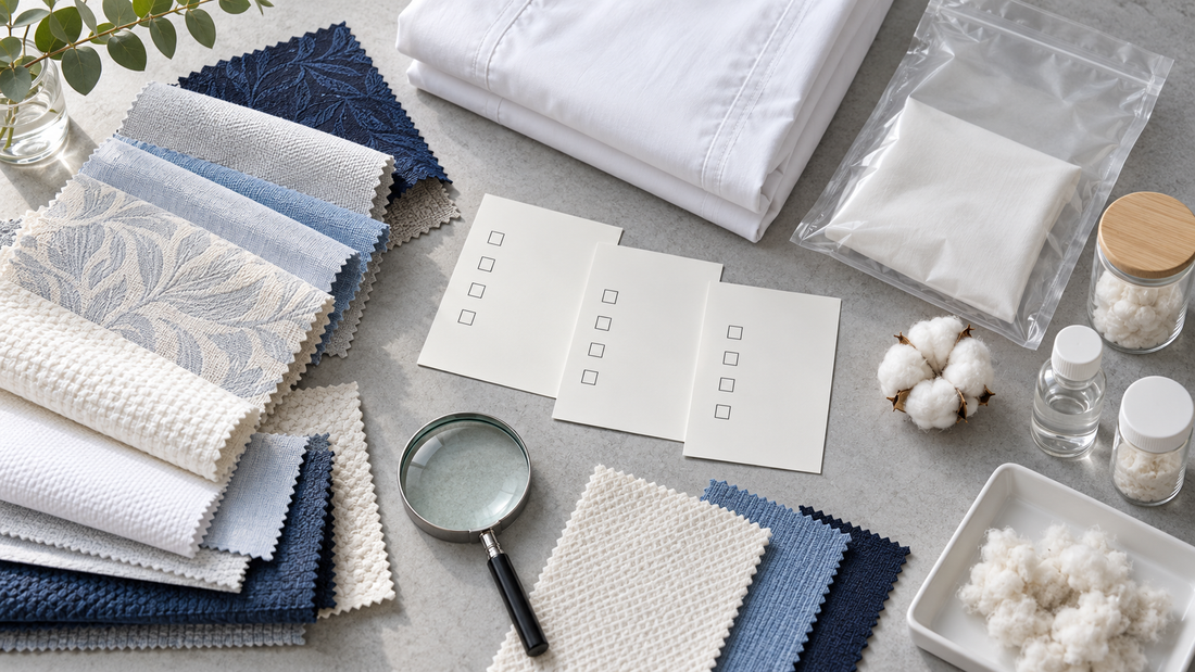 Textile compliance planning desk with bedding swatches and blank checklist cards