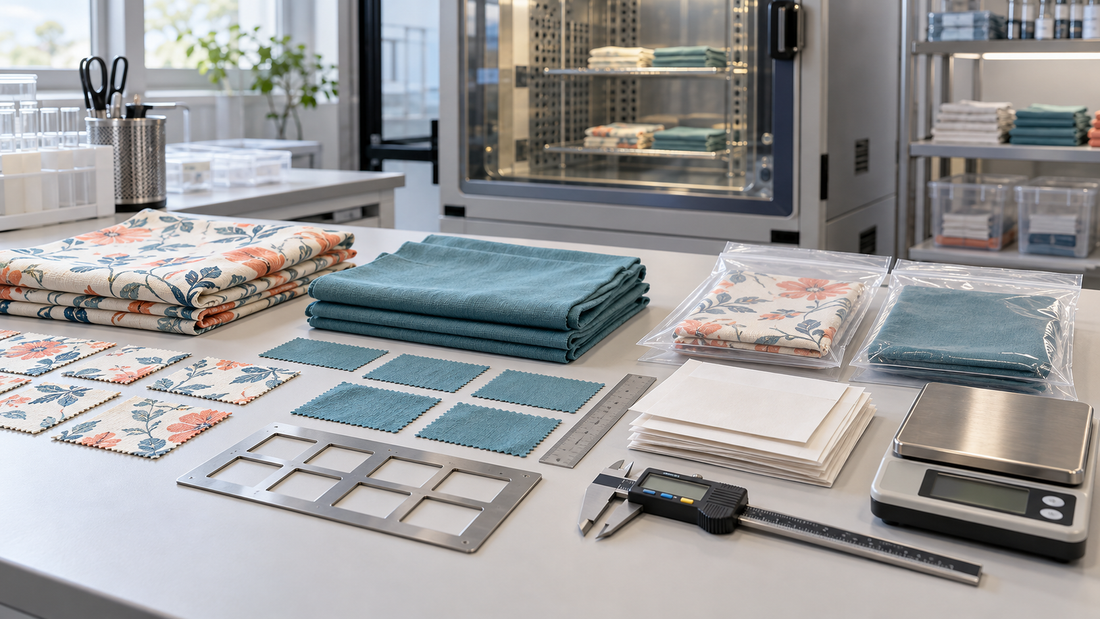 Textile laboratory sample pack with conditioned specimens, retained samples and testing tools