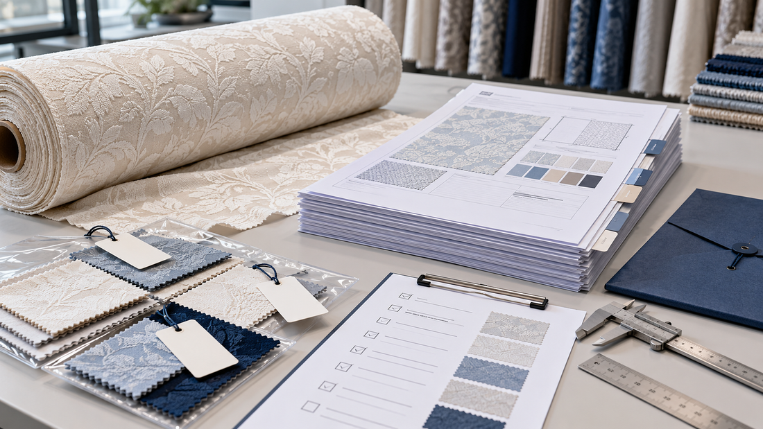 Cotton jacquard, approved swatches and a controlled textile purchase-order specification package
