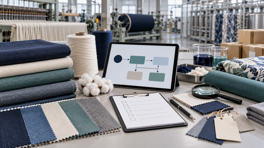 Textile supplier qualification workspace with fabric samples, process map and evidence checklist