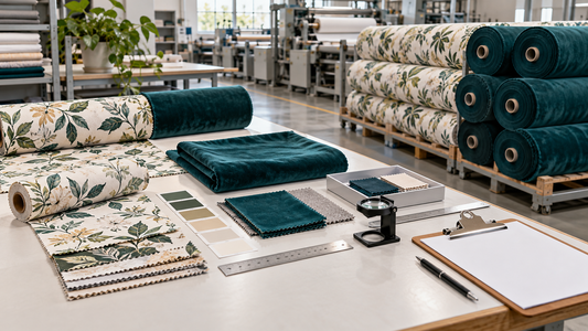 Controlled textile trial order progressing from approved swatches to bulk fabric rolls