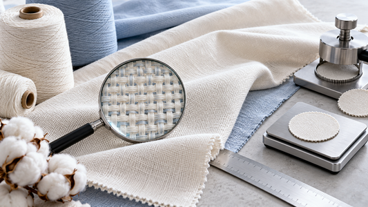 Woven bedding fabric examined with a pick glass beside yarn cones, a GSM cutter and scale