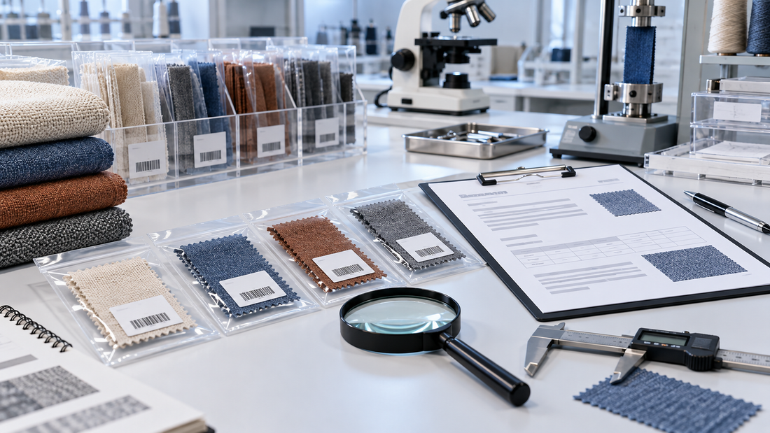 Textile samples and laboratory report documents arranged for test-report verification