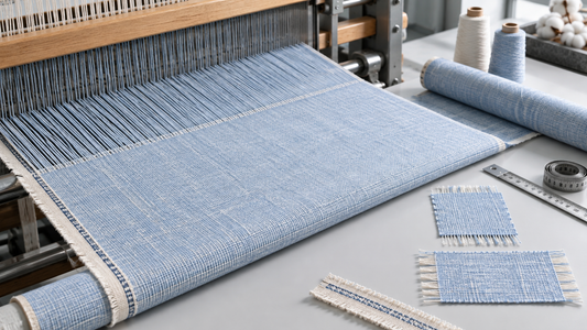Warp and weft directions shown on woven cotton fabric at a loom