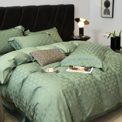 Retro Geometric Cotton Jacquard Fabric for Home Textiles – alternate fabric and bedding view