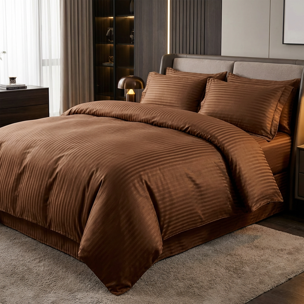 Striped Satin Cotton Jacquard Fabric for Hotel Flat Sheets – color, weave and finish detail