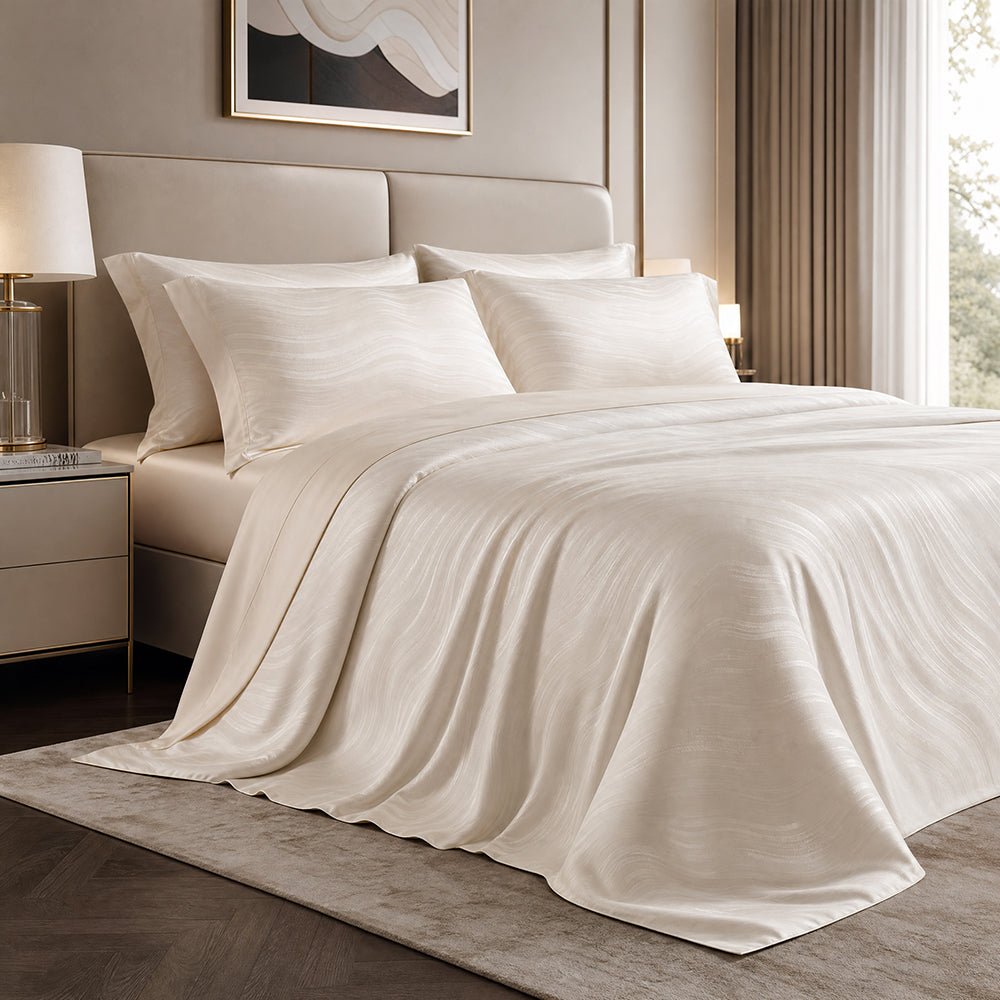 Extra-Wide Cotton Jacquard Fabric for King Bed Linens – alternate fabric and bedding view