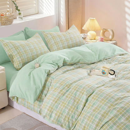 Plaid 100% Cotton Washed Fabric for Hotel Bed Sheets – cotton texture and application detail